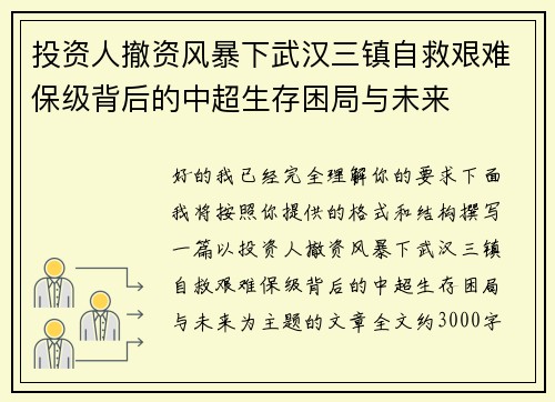 投资人撤资风暴下武汉三镇自救艰难保级背后的中超生存困局与未来