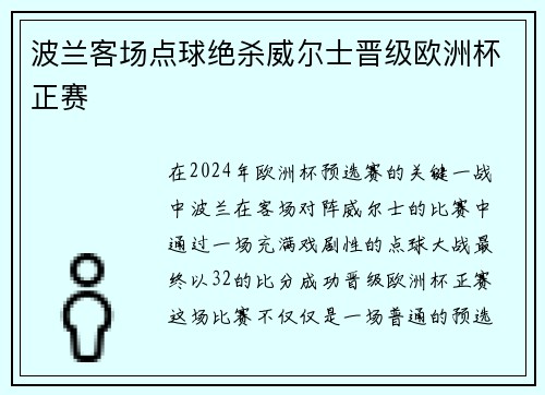 波兰客场点球绝杀威尔士晋级欧洲杯正赛